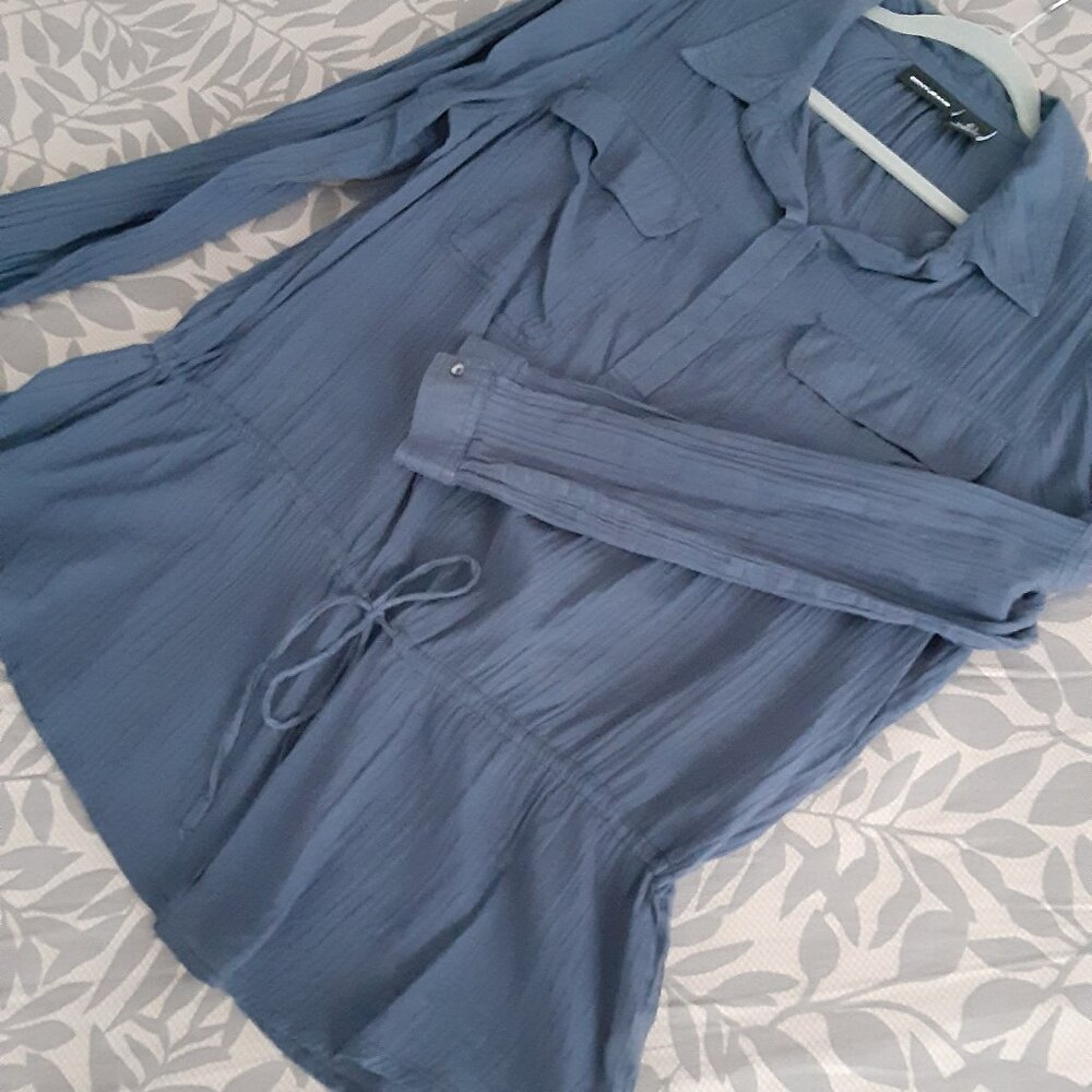 DKNY Navy Cotton Gauze Drawstring Blouse L